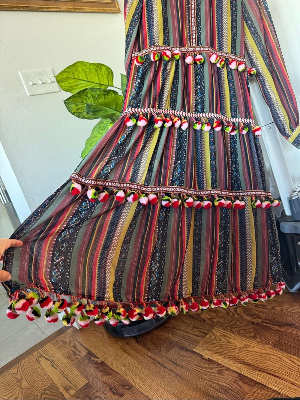 Brach Brach Pom Pom Embroidered Midi/Maxi Dress Sz S Long Sleeve colorful boho - Picture 7 of 12